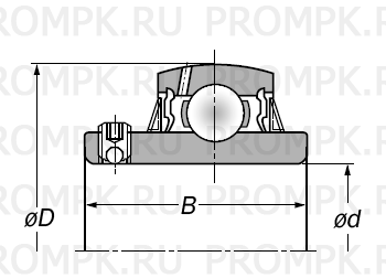 Корпусной шариковой подшипник со сферическим наружным кольцом, двухсторонними уплотнениями с отражательными кольцами, удлиненным с обеих сторон внутренним кольцом и стопорным винтом для фиксации на валу