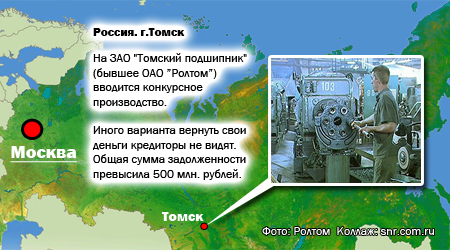 Некогда крупнейший за Уралом завод шариковых подшипников вновь банкрот. Перед ЗАО “Томский подшипник”, созданным на базе обанкротившего ОАО “Ролтом” (бывшее ГПЗ-5), была поставлена цель: воссоздать производство подшипников. Но менеджмент и акционеры ЗАО “Томский подшипник” не смогли этого сделать. На предприятии вводится конкурсное производство. Кредиторы выступают за продажу имущества предприятия на торгах. Общая сумма долгов перевалила 563 млн. рублей. Вполне возможно, производственное предприятие окончательно прекратит свое существование